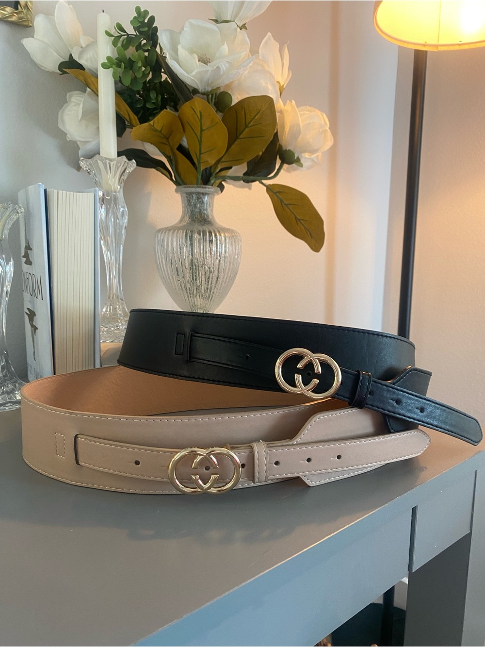 Designer Double-C Leather Belt in Black and Beige/NWOT